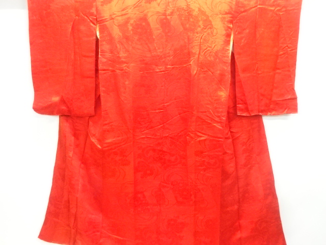 アンティーク　綸子檜扇に草花模様織出し長襦袢